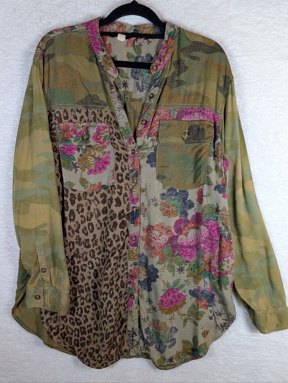 pilcro Anthropologie Mixed Print Patchwork Button-Up Shirt — Pink Floral & Camo
